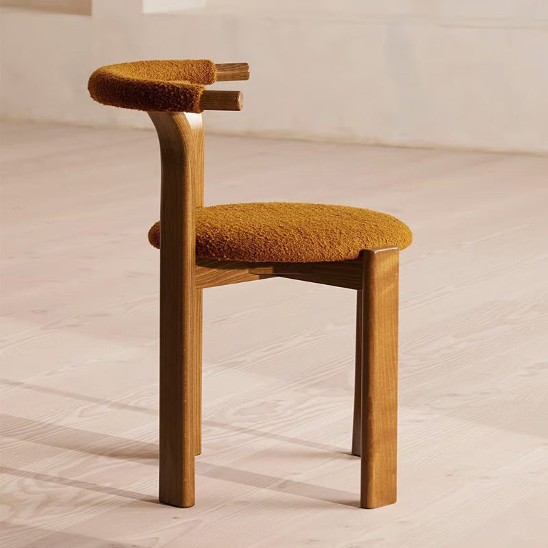 Traditional Chinese Cotton Linen Ash Wood Curved Cylindrical Dining Chair With Backrest For Dining Room