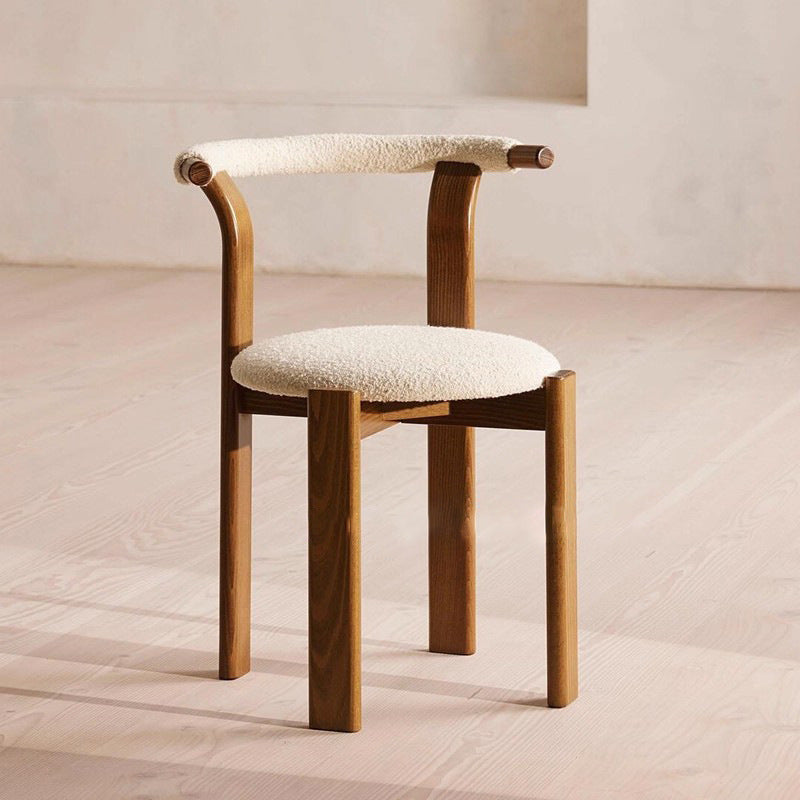 Traditional Chinese Cotton Linen Ash Wood Curved Cylindrical Dining Chair With Backrest For Dining Room