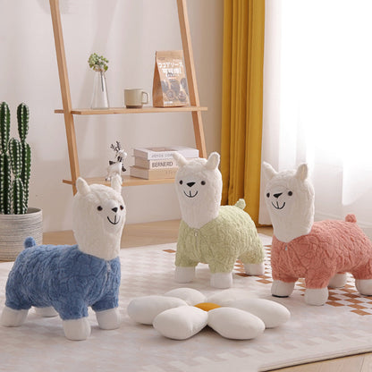 Modern Art Deco Kids Silk Floss Solid Wood Alpaca-Shaped Low Stool For Living Room