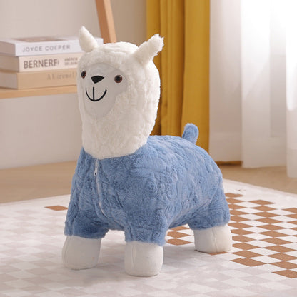 Modern Art Deco Kids Silk Floss Solid Wood Alpaca-Shaped Low Stool For Living Room