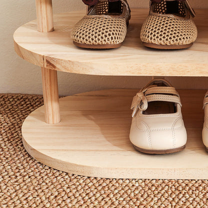 Traditional Japanese Pine Wood Curved Square Kids Shoe Rack With 2-Tier For Living Room