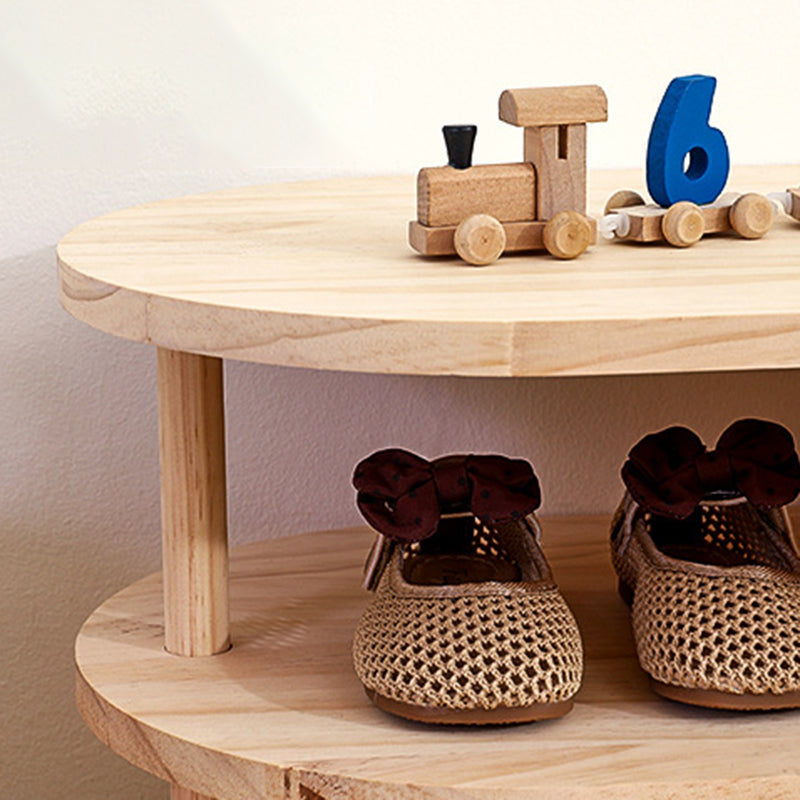 Traditional Japanese Pine Wood Curved Square Kids Shoe Rack With 2-Tier For Living Room