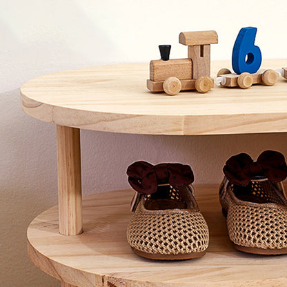 Traditional Japanese Pine Wood Curved Square Kids Shoe Rack With 2-Tier For Living Room