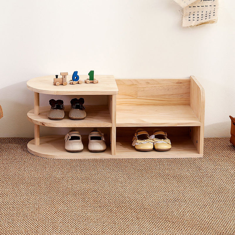 Traditional Japanese Pine Wood Curved Square Kids Shoe Rack With 2-Tier For Living Room