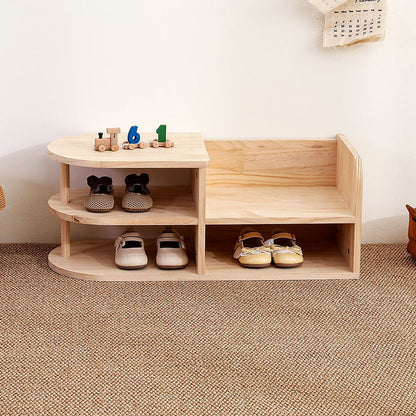 Traditional Japanese Pine Wood Curved Square Kids Shoe Rack With 2-Tier For Living Room