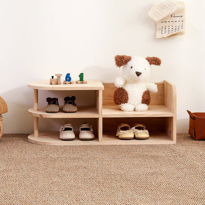 Traditional Japanese Pine Wood Curved Square Kids Shoe Rack With 2-Tier For Living Room