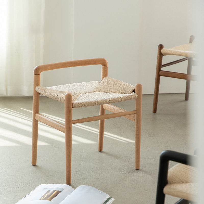 Traditional Chinese Kraft Paper Rope Rubberwood Square Cylindrical Low Stool With Backrest For Living Room