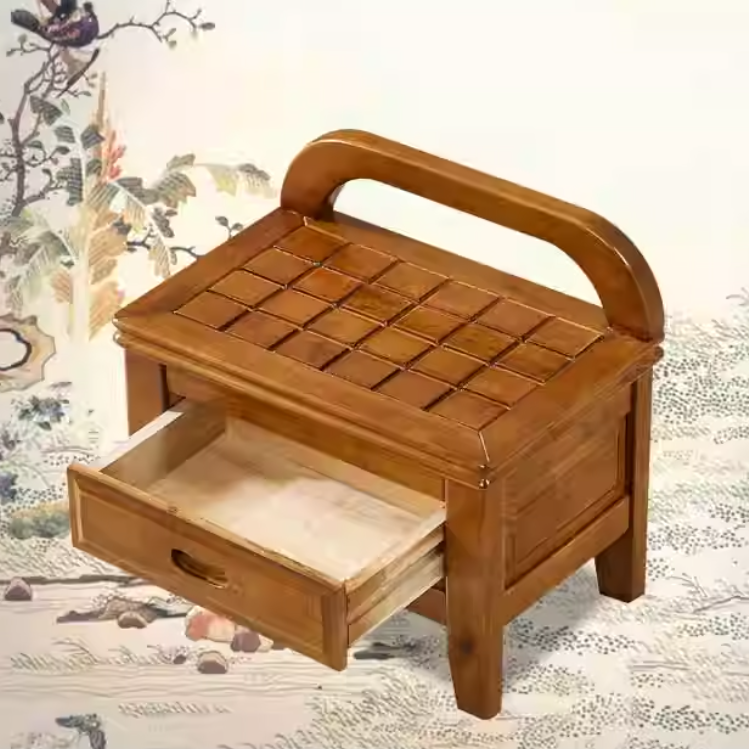 Traditional Chinese Solid Wood Grid Square Low Stool With Backrest For Living Room