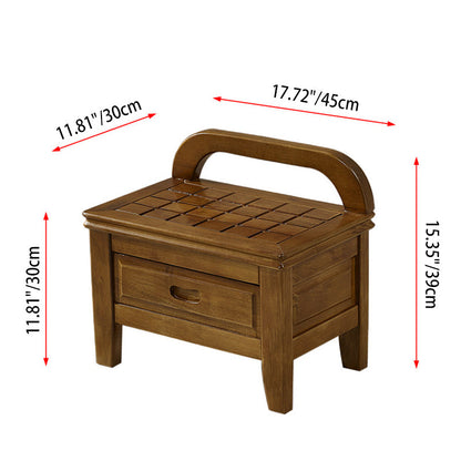 Traditional Chinese Solid Wood Grid Square Low Stool With Backrest For Living Room