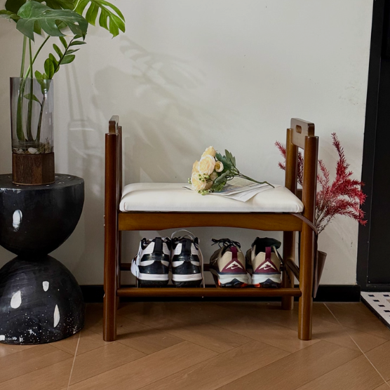 Traditional Vintage PU Leather Rubberwood Rectangular Shoe Bench 1-Tier For Living Room