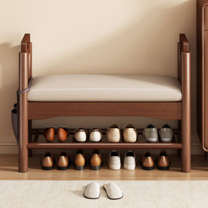 Traditional Vintage PU Leather Rubberwood Rectangular Shoe Bench 1-Tier For Living Room