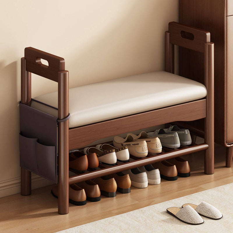 Traditional Vintage PU Leather Rubberwood Rectangular Shoe Bench 1-Tier For Living Room