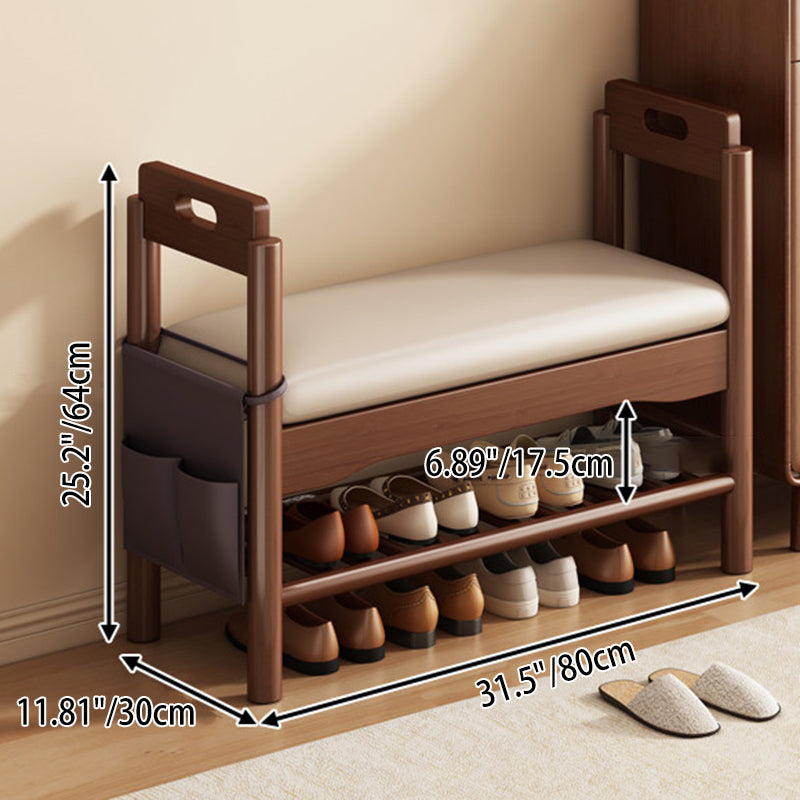 Traditional Vintage PU Leather Rubberwood Rectangular Shoe Bench 1-Tier For Living Room
