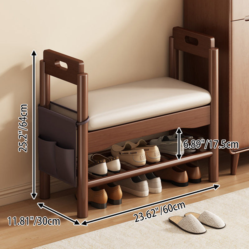 Traditional Vintage PU Leather Rubberwood Rectangular Shoe Bench 1-Tier For Living Room
