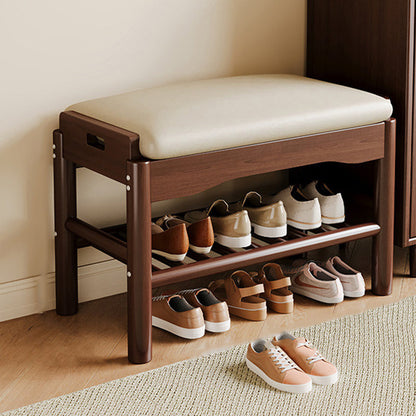 Traditional Chinese Rubberwood PU Leather Rectangular Cylindrical Shoe Bench 1-Tier For Living Room
