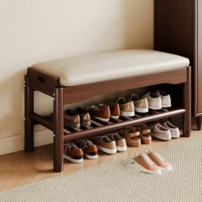 Traditional Chinese Rubberwood PU Leather Rectangular Cylindrical Shoe Bench 1-Tier For Living Room