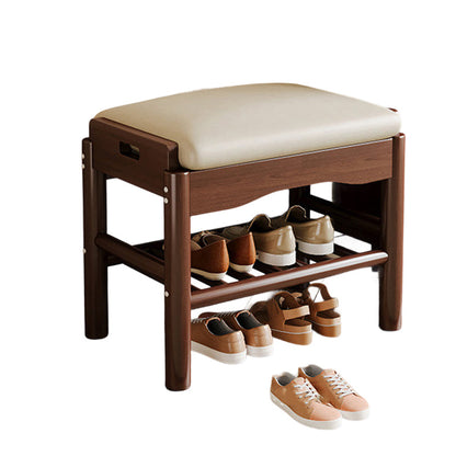 Traditional Chinese Rubberwood PU Leather Rectangular Cylindrical Shoe Bench 1-Tier For Living Room