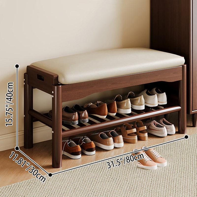Traditional Chinese Rubberwood PU Leather Rectangular Cylindrical Shoe Bench 1-Tier For Living Room
