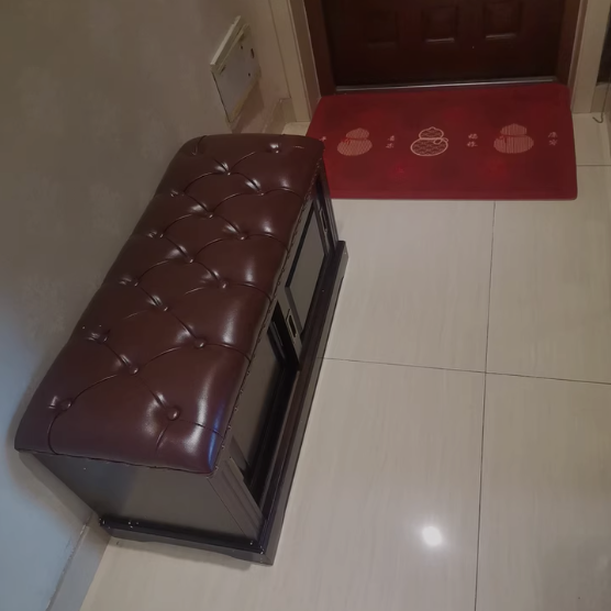 Traditional Chinese Solid Wood Second-Layer Cowhide Rectangular Shoe Bench 2-Storage For Living Room