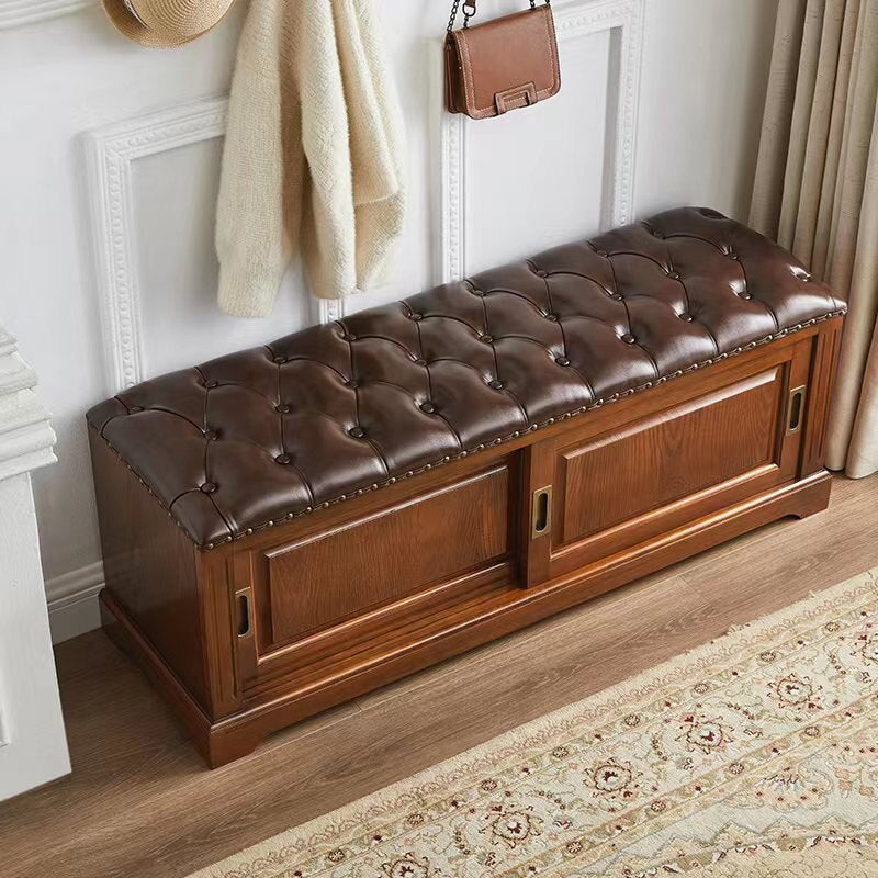 Traditional Chinese Solid Wood Second-Layer Cowhide Rectangular Shoe Bench 2-Storage For Living Room
