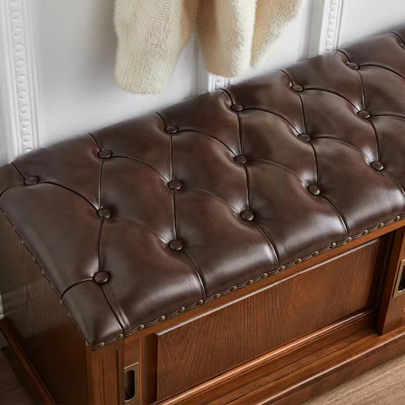 Traditional Chinese Solid Wood Second-Layer Cowhide Rectangular Shoe Bench 2-Storage For Living Room
