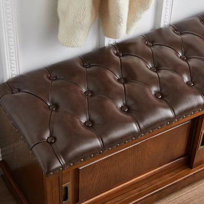 Traditional Chinese Solid Wood Second-Layer Cowhide Rectangular Shoe Bench 2-Storage For Living Room