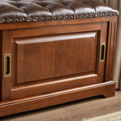 Traditional Chinese Solid Wood Second-Layer Cowhide Rectangular Shoe Bench 2-Storage For Living Room
