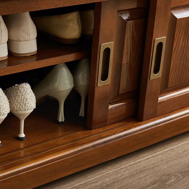 Traditional Chinese Solid Wood Second-Layer Cowhide Rectangular Shoe Bench 2-Storage For Living Room