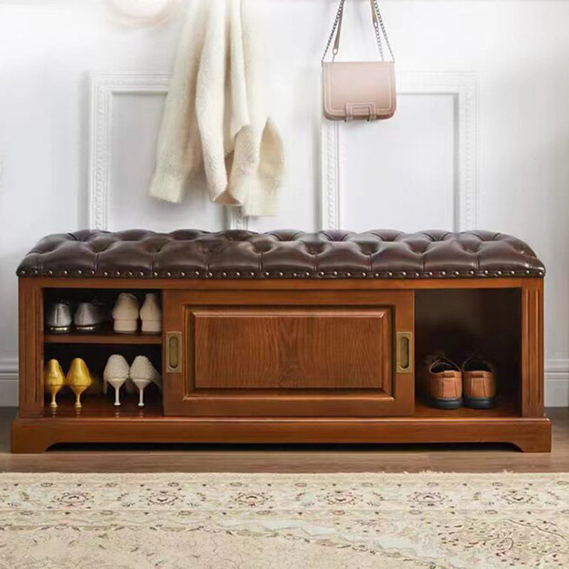 Traditional Chinese Solid Wood Second-Layer Cowhide Rectangular Shoe Bench 2-Storage For Living Room