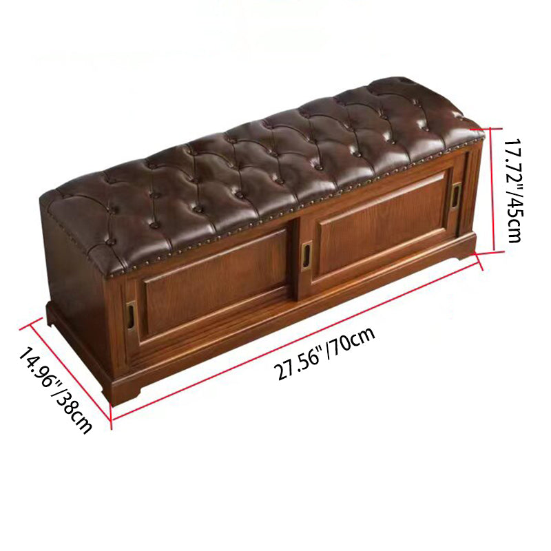 Traditional Chinese Solid Wood Second-Layer Cowhide Rectangular Shoe Bench 2-Storage For Living Room