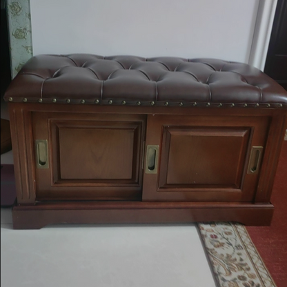 Traditional Chinese Solid Wood Second-Layer Cowhide Rectangular Shoe Bench 2-Storage For Living Room