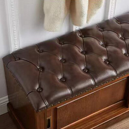 Traditional Chinese Solid Wood Second-Layer Cowhide Rectangular Shoe Bench 2-Storage For Living Room