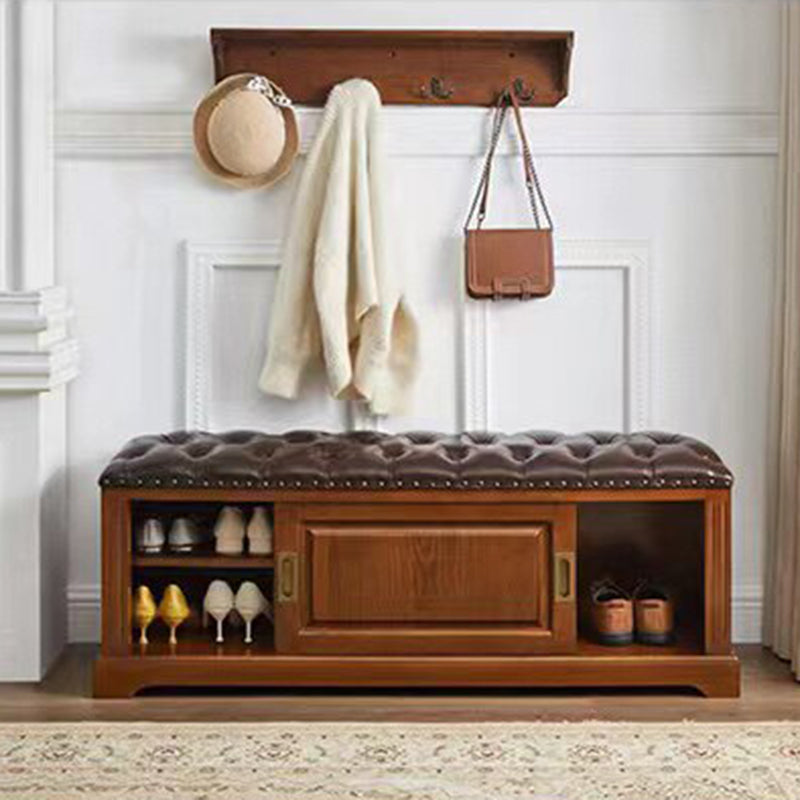 Traditional Chinese Solid Wood Second-Layer Cowhide Rectangular Shoe Bench 2-Storage For Living Room