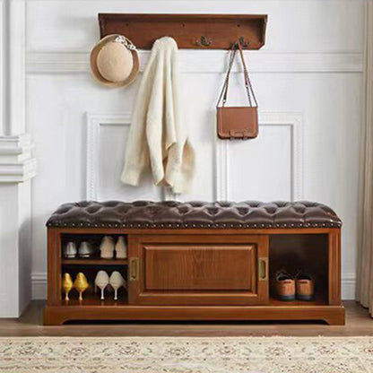 Traditional Chinese Solid Wood Second-Layer Cowhide Rectangular Shoe Bench 2-Storage For Living Room