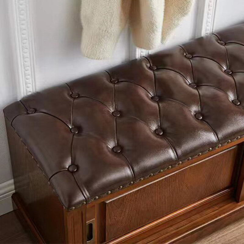 Traditional Chinese Solid Wood Second-Layer Cowhide Rectangular Shoe Bench 2-Storage For Living Room