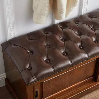 Traditional Chinese Solid Wood Second-Layer Cowhide Rectangular Shoe Bench 2-Storage For Living Room