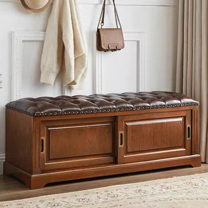 Traditional Chinese Solid Wood Second-Layer Cowhide Rectangular Shoe Bench 2-Storage For Living Room