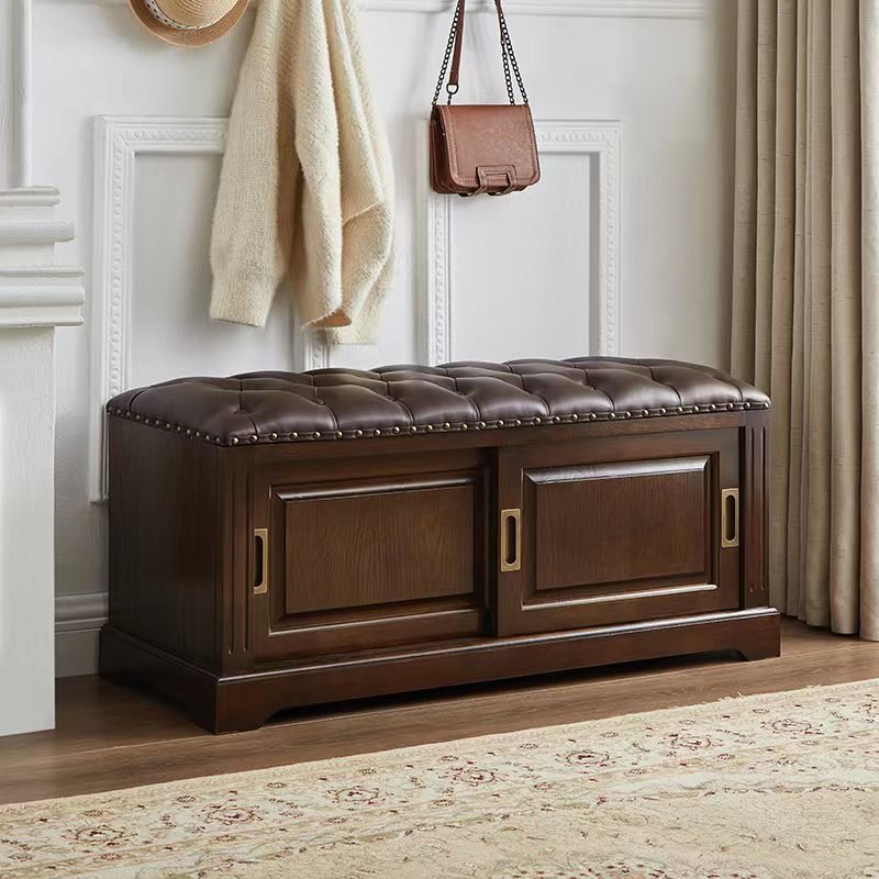 Traditional Chinese Solid Wood Second-Layer Cowhide Rectangular Shoe Bench 2-Storage For Living Room