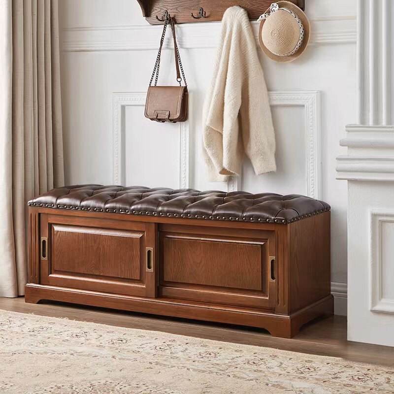 Traditional Chinese Solid Wood Second-Layer Cowhide Rectangular Shoe Bench 2-Storage For Living Room