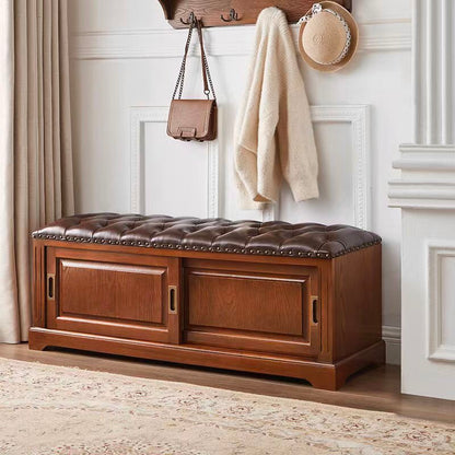 Traditional Chinese Solid Wood Second-Layer Cowhide Rectangular Shoe Bench 2-Storage For Living Room