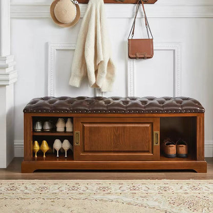 Traditional Chinese Solid Wood Second-Layer Cowhide Rectangular Shoe Bench 2-Storage For Living Room