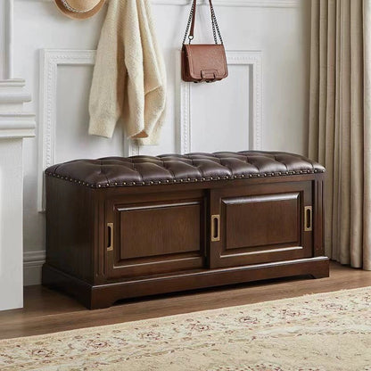 Traditional Chinese Solid Wood Second-Layer Cowhide Rectangular Shoe Bench 2-Storage For Living Room