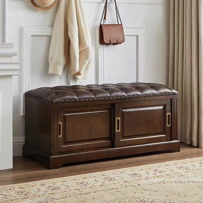Traditional Chinese Solid Wood Second-Layer Cowhide Rectangular Shoe Bench 2-Storage For Living Room
