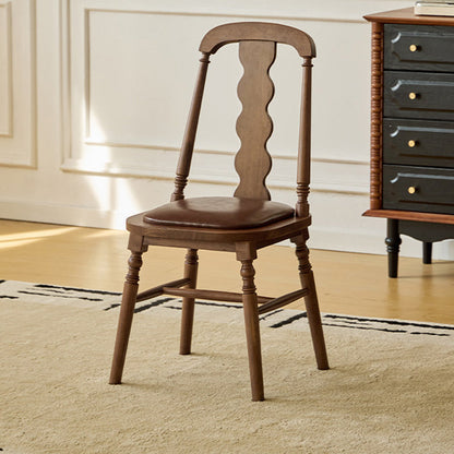 Traditional Vintage Rubberwood PU Leather Cylindrical Wave Square Dining Chair With Backrest For Dining Room