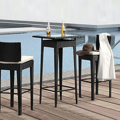 Contemporary Industrial Square Steel PE Rattan Weaving Waterproof Fabric Seat Bar Stool Backrest Footrest For Outdoor Patio