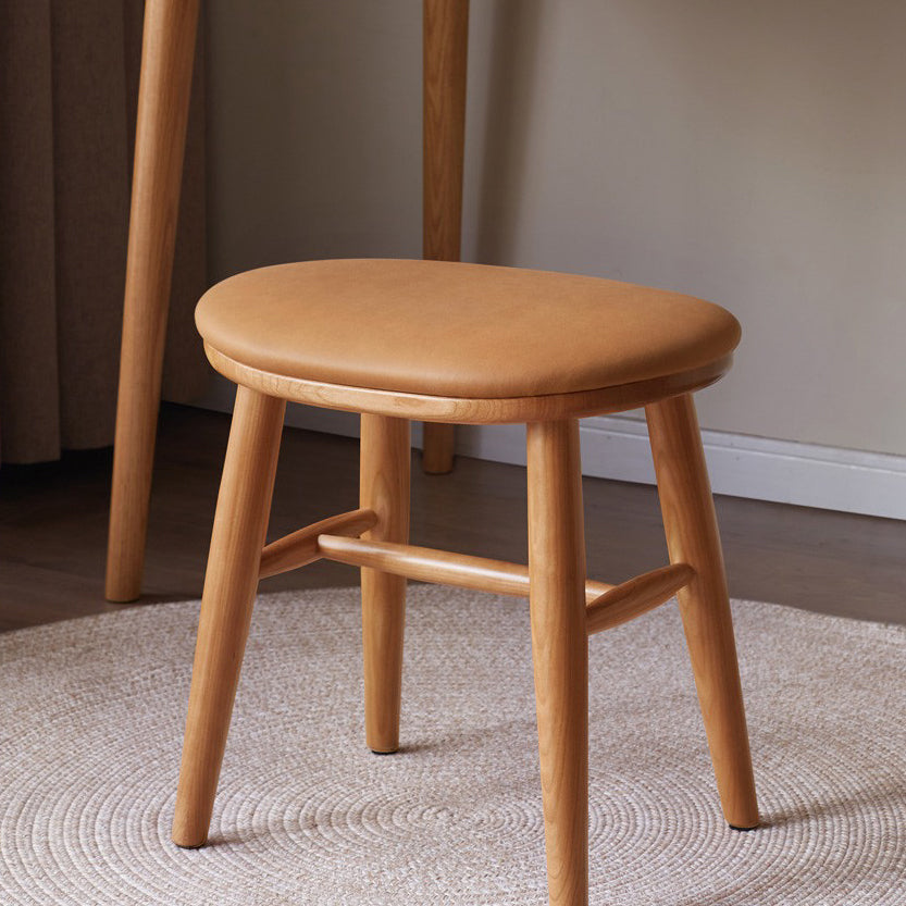 Traditional French Oval PU Leather Cherry Wood Vanity Stool Footrest For Bedroom