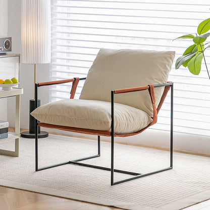 Contemporary Luxury Saddle Leather Velvet Metal Accent Chair Backrest Armrest For Living Room