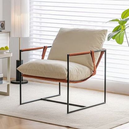 Contemporary Luxury Saddle Leather Velvet Metal Accent Chair Backrest Armrest For Living Room