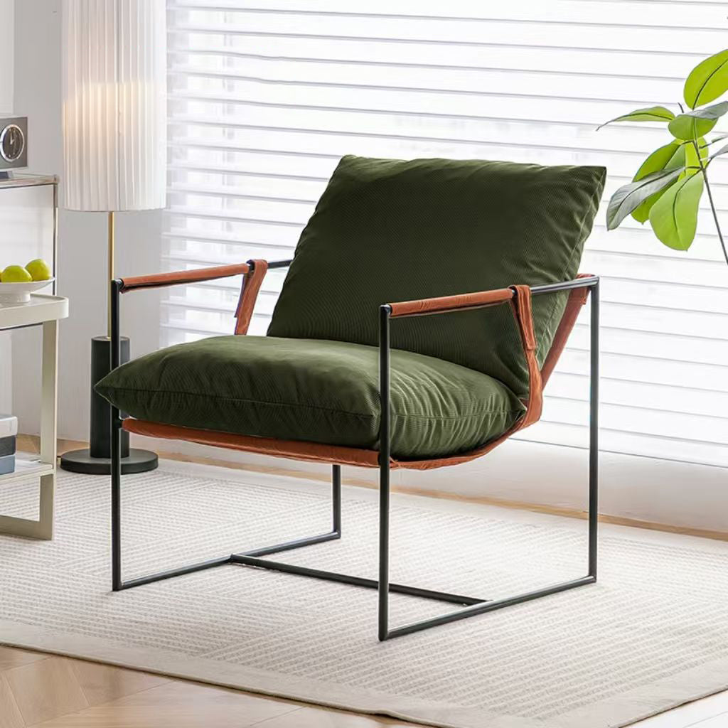 Contemporary Luxury Saddle Leather Velvet Metal Accent Chair Backrest Armrest For Living Room