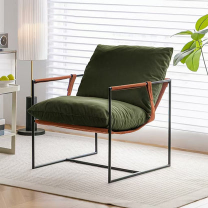 Contemporary Luxury Saddle Leather Velvet Metal Accent Chair Backrest Armrest For Living Room